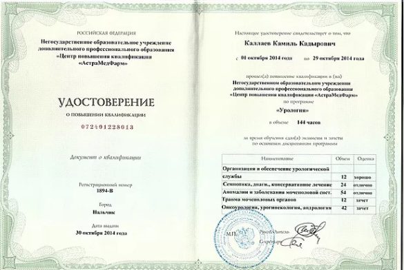 Удостоверение о повышении квалификации от 2014 года (Нальчик)